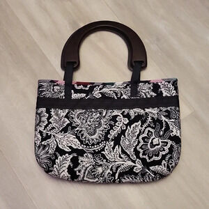 Unbranded Black and White Paisely Print‎ Wooden Handled Tote Purse